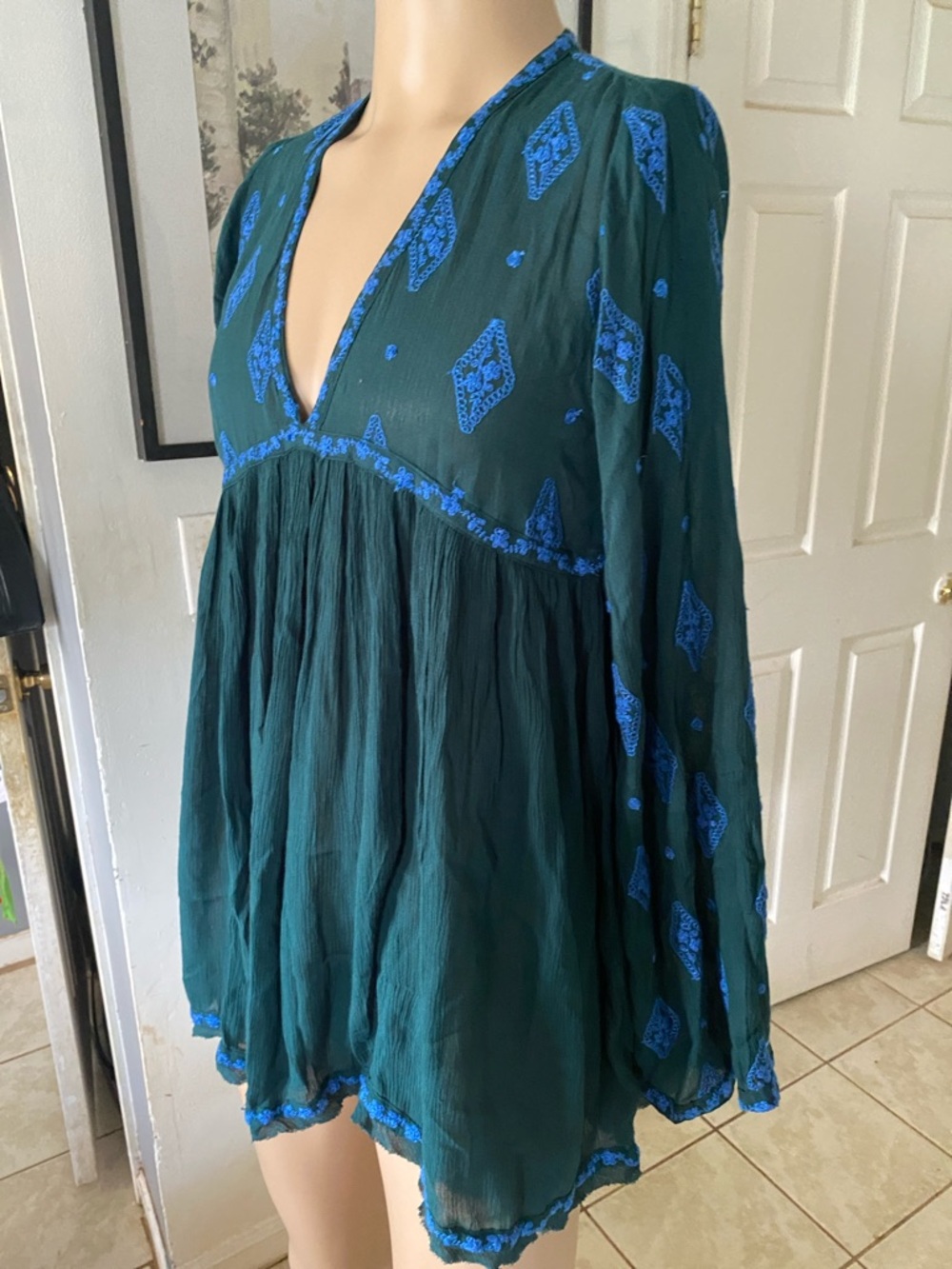 Free People Teal Top with Royal Blue Embroidery - Picture 3 of 7